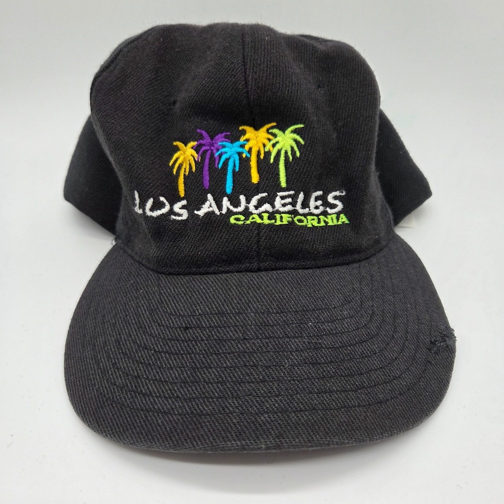 Nissin Cap Los Angeles Hat Mens OSFM Black Palm Tree Embroidered Snapback VTG